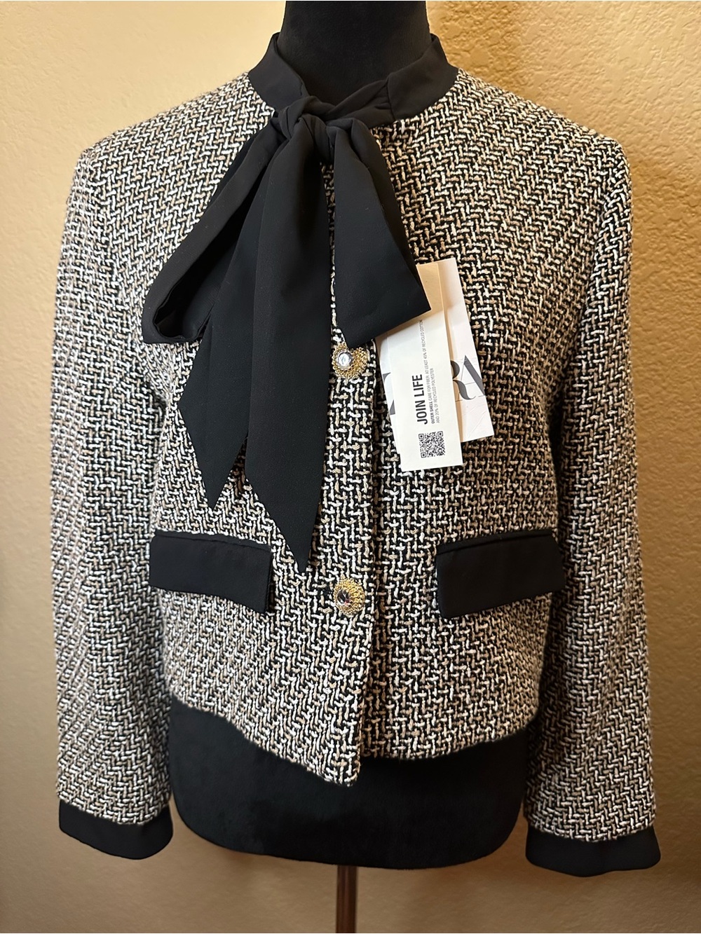 Zara Gray and Black Tweed Bow-Detail Cropped Blazer
